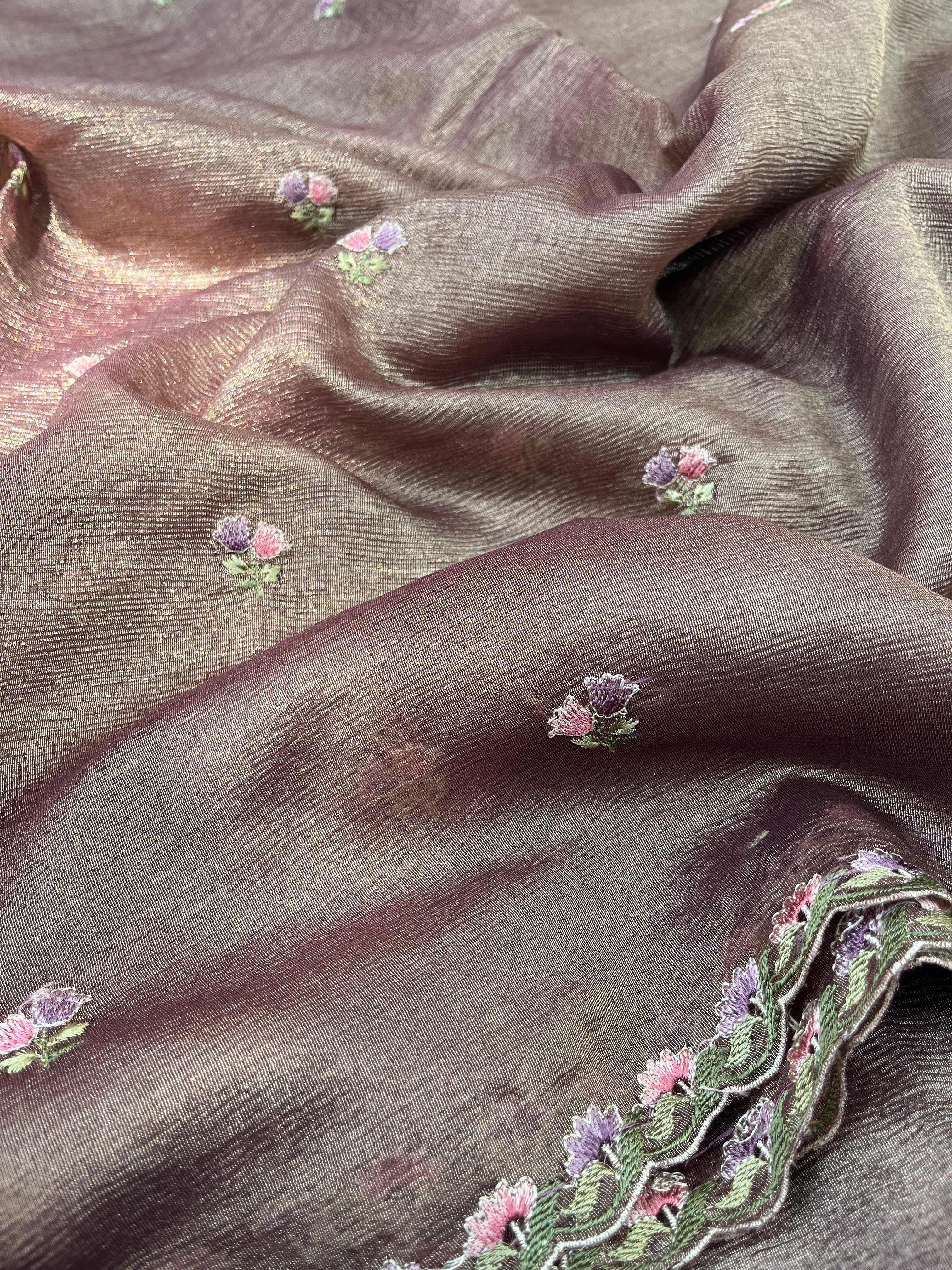 Gold Floral Crushed Tissue Organza Saree